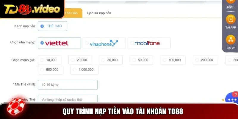 Quy trình nạp tiền vào tài khoản TD88